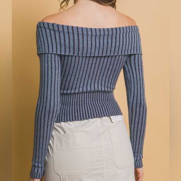 Zip-Me-Up Bardot Ribbed Top - Blue - Picture 4 of 10